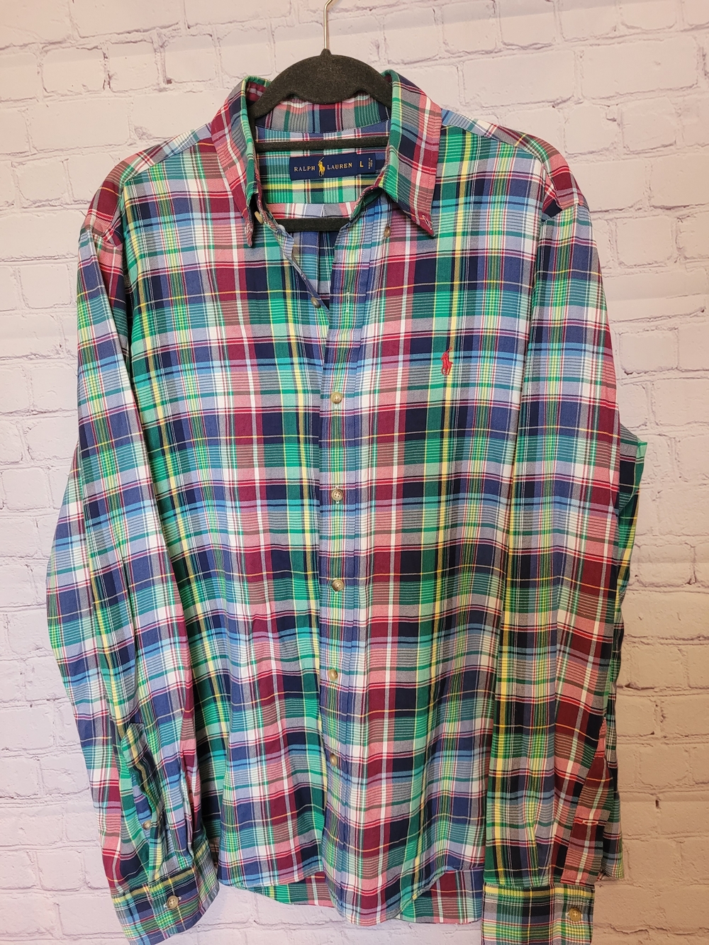Ralph Lauren Size Large Madras Plaid Green Yellow Navy Button Down Shirt